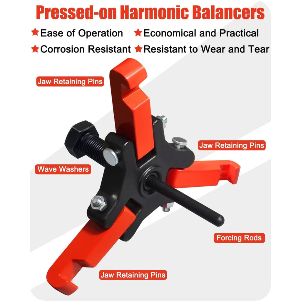 3-jaw harmonic balancer puller design with jaw retaining pins and wave washers