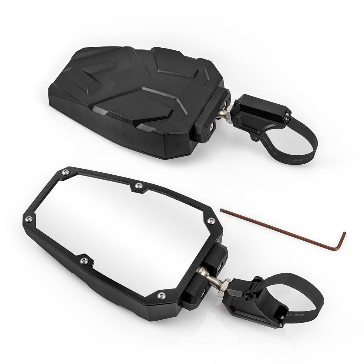 Black side mirror pair with octagonal frames, adjustable arms, and hex tool