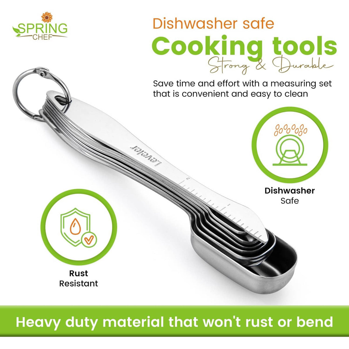 Stainless steel measuring cups and spoons with loop handles and engraved scales