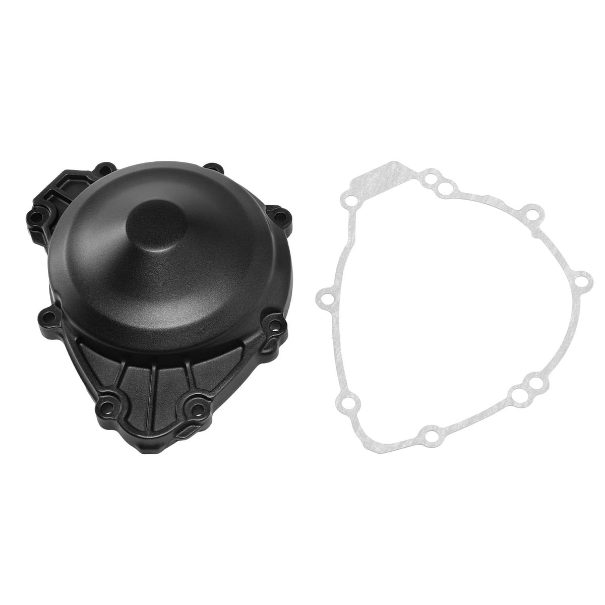 Left side engine stator cover with gasket, matte black housing and round cap