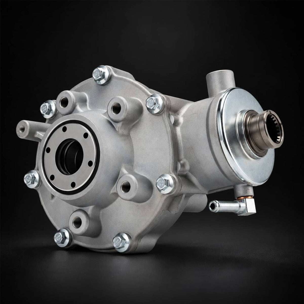Silver rear differential assembly with side flange and axle housing details