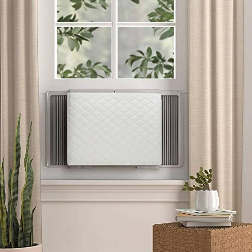 Beige quilted indoor AC cover for window-mounted air conditioner, rectangular blanket-style