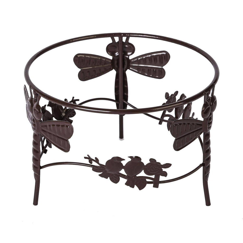 Metal gazing ball stand with circular rim and butterfly/leaf cutouts, dark finish.