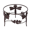 Metal gazing ball stand with circular rim and butterfly/leaf cutouts, dark finish.