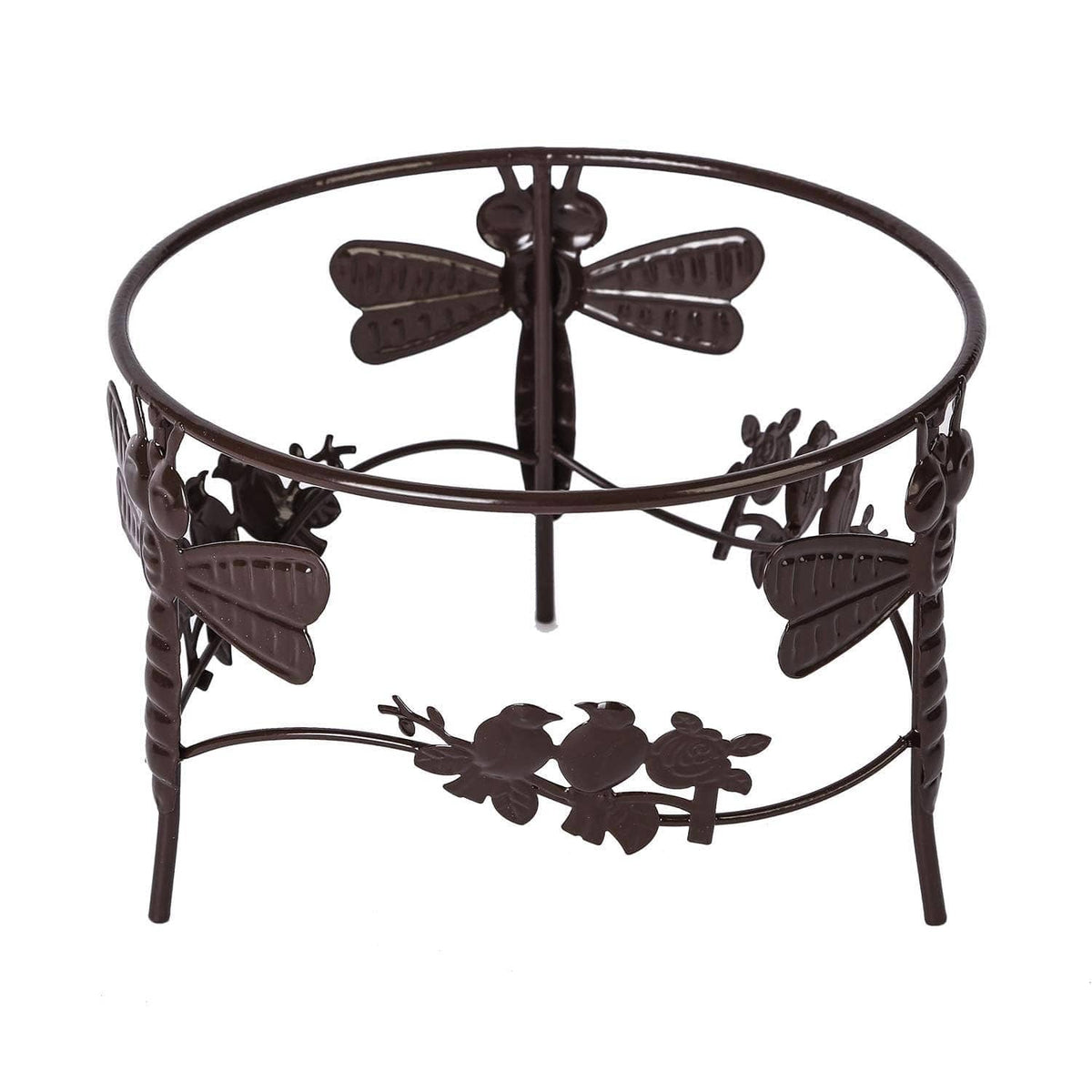 Metal gazing ball stand with circular rim and butterfly/leaf cutouts, dark finish.