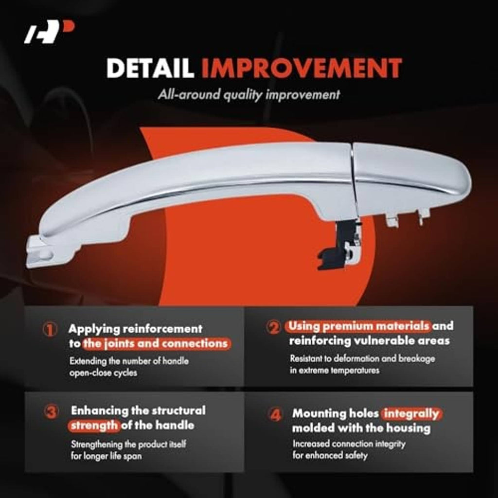 Chrome exterior door handle with reinforced housing detail for front passenger door.