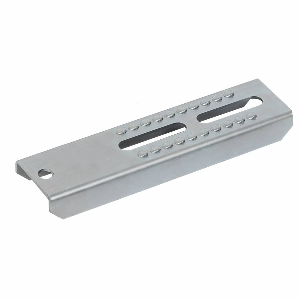 Galvanized bunk board bracket plate with central elongated slot and perforation holes