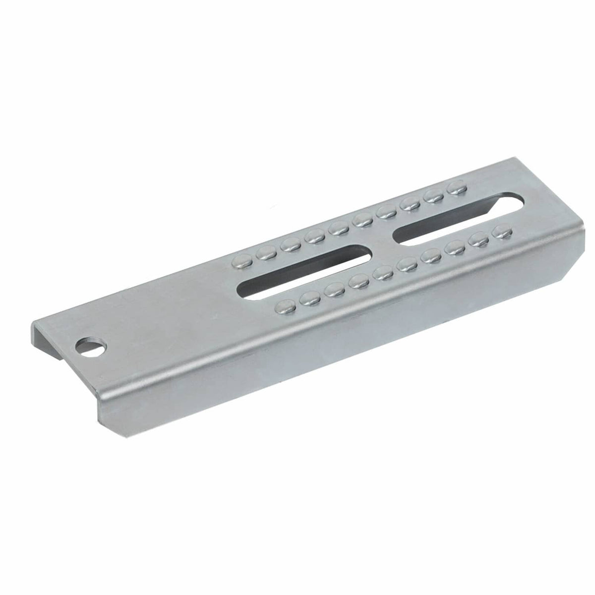 Galvanized bunk board bracket plate with central elongated slot and perforation holes