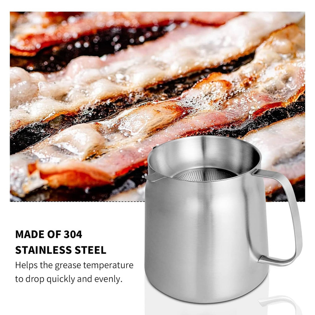 304 stainless deep fryer pot with wire basket next to bubbling bacon and oil