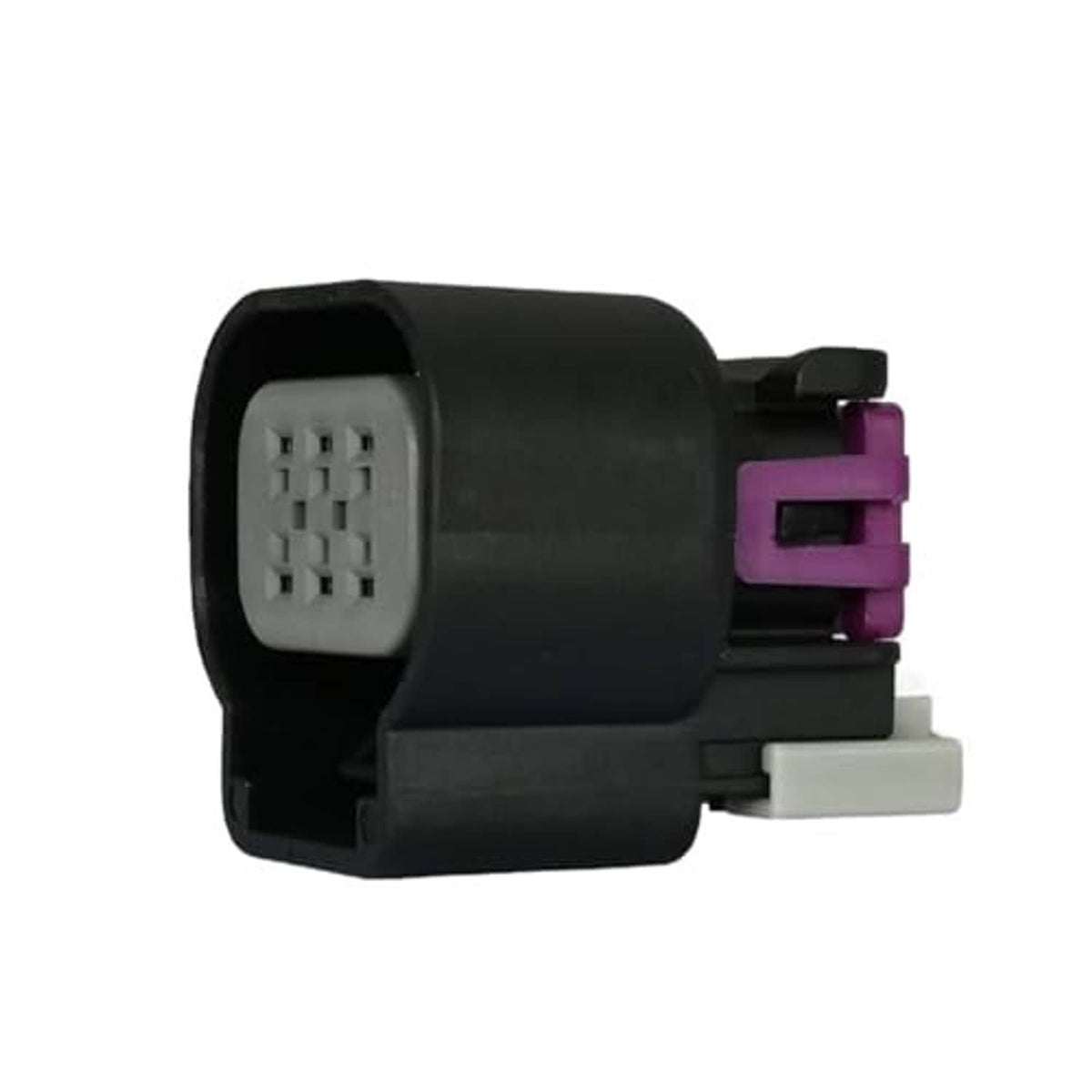 Throttle position sensor connector body in side view with purple latch tab and terminal blocks