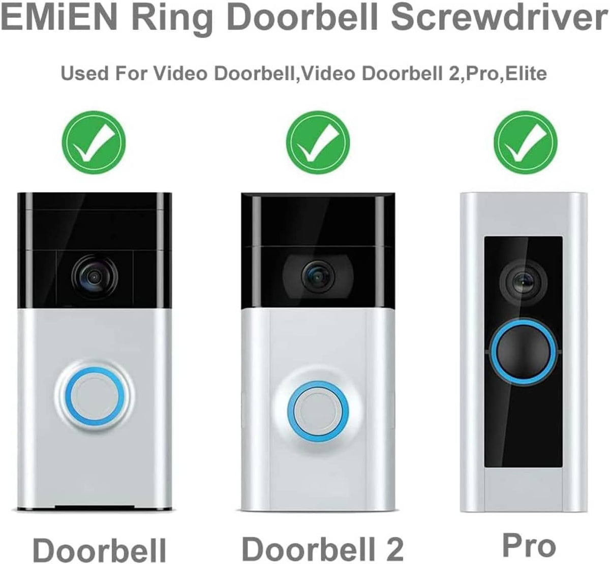 Orange Ring doorbell screwdriver tool shown with compatibility icons on doorbell devices