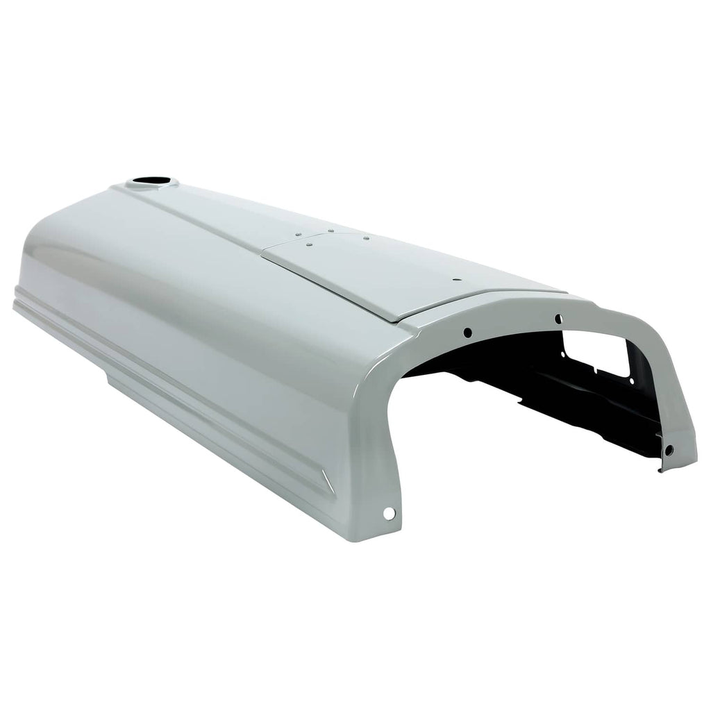 Gray metal tractor hood with front opening and side mounting brackets
