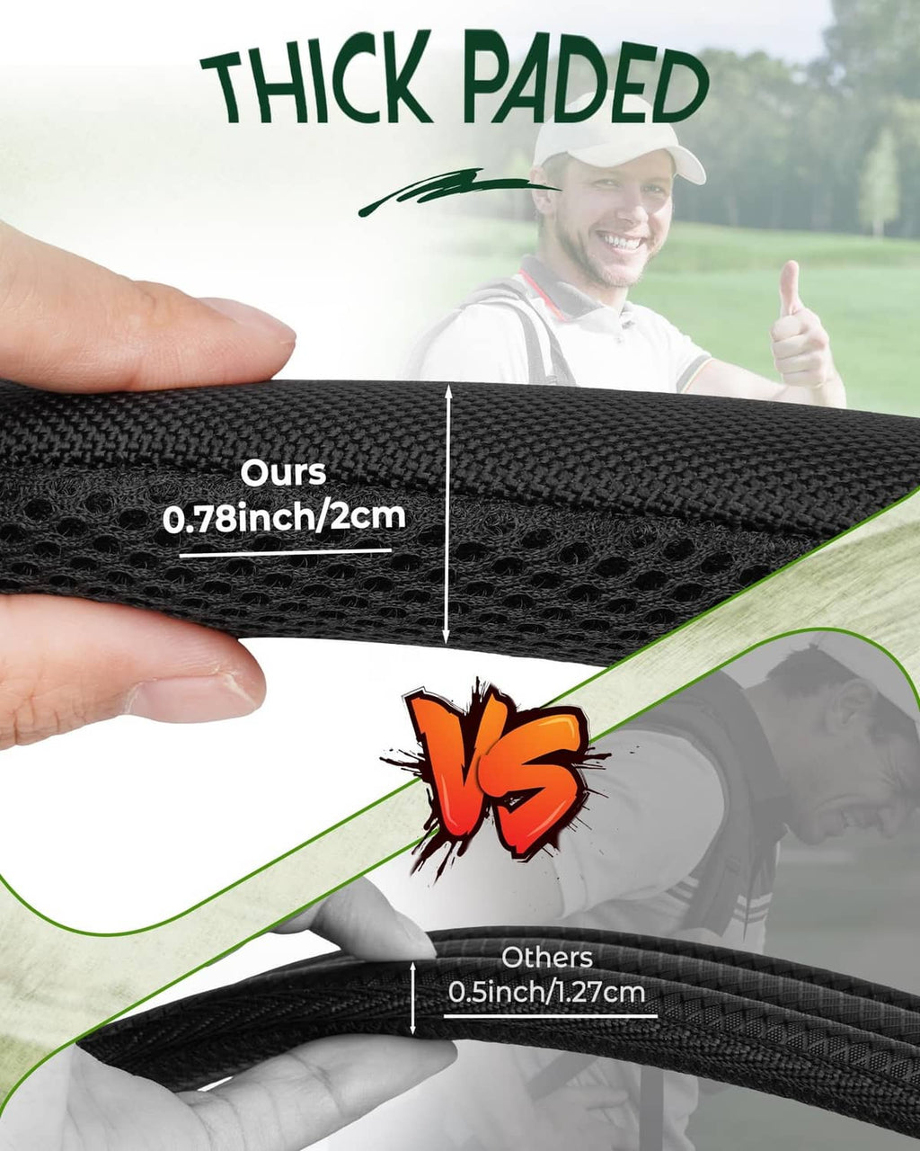 Thick padded black shoulder strap cushioning for golf bag carrying