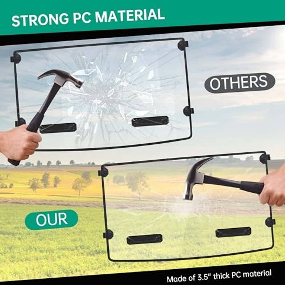 Front UTV windshield with clear PC panel and black mounting frame