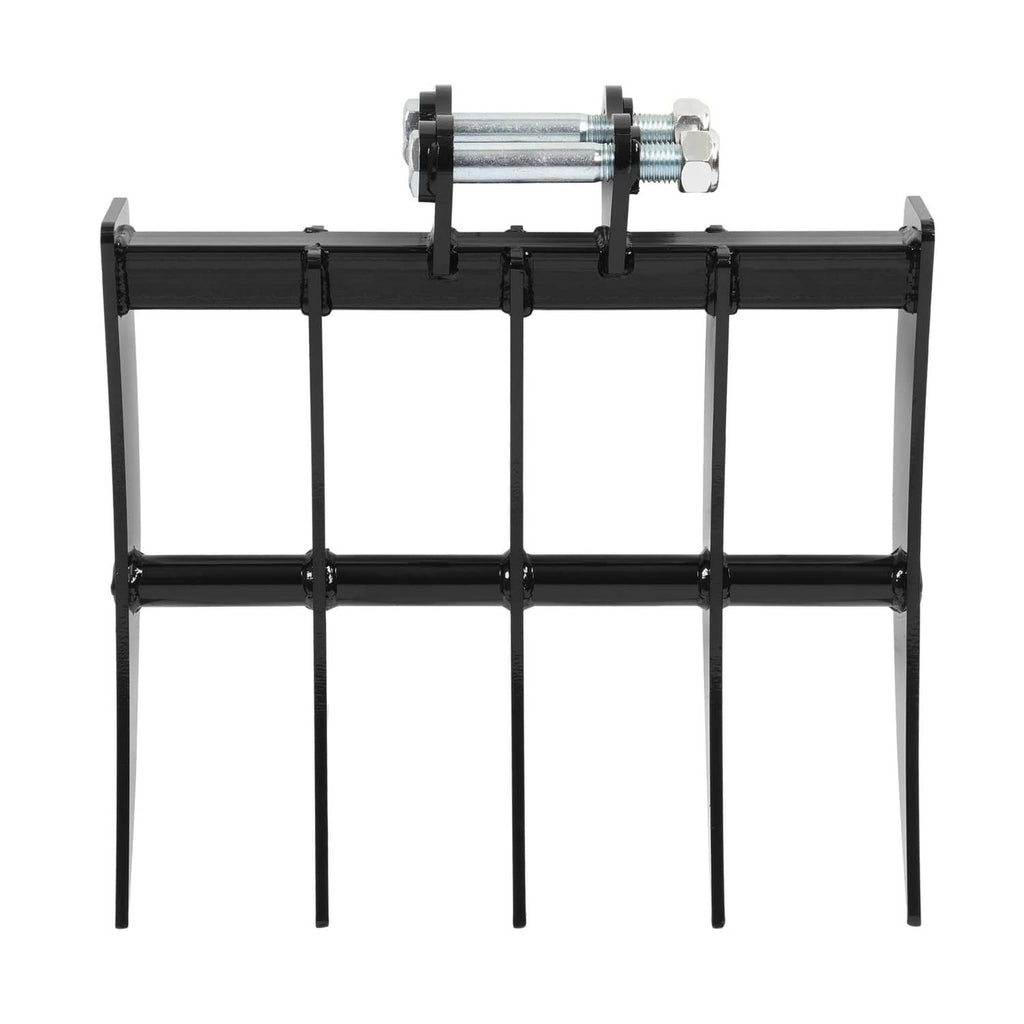 Black five-tooth rake attachment with rectangular mounting frame and tall upright tines, front view
