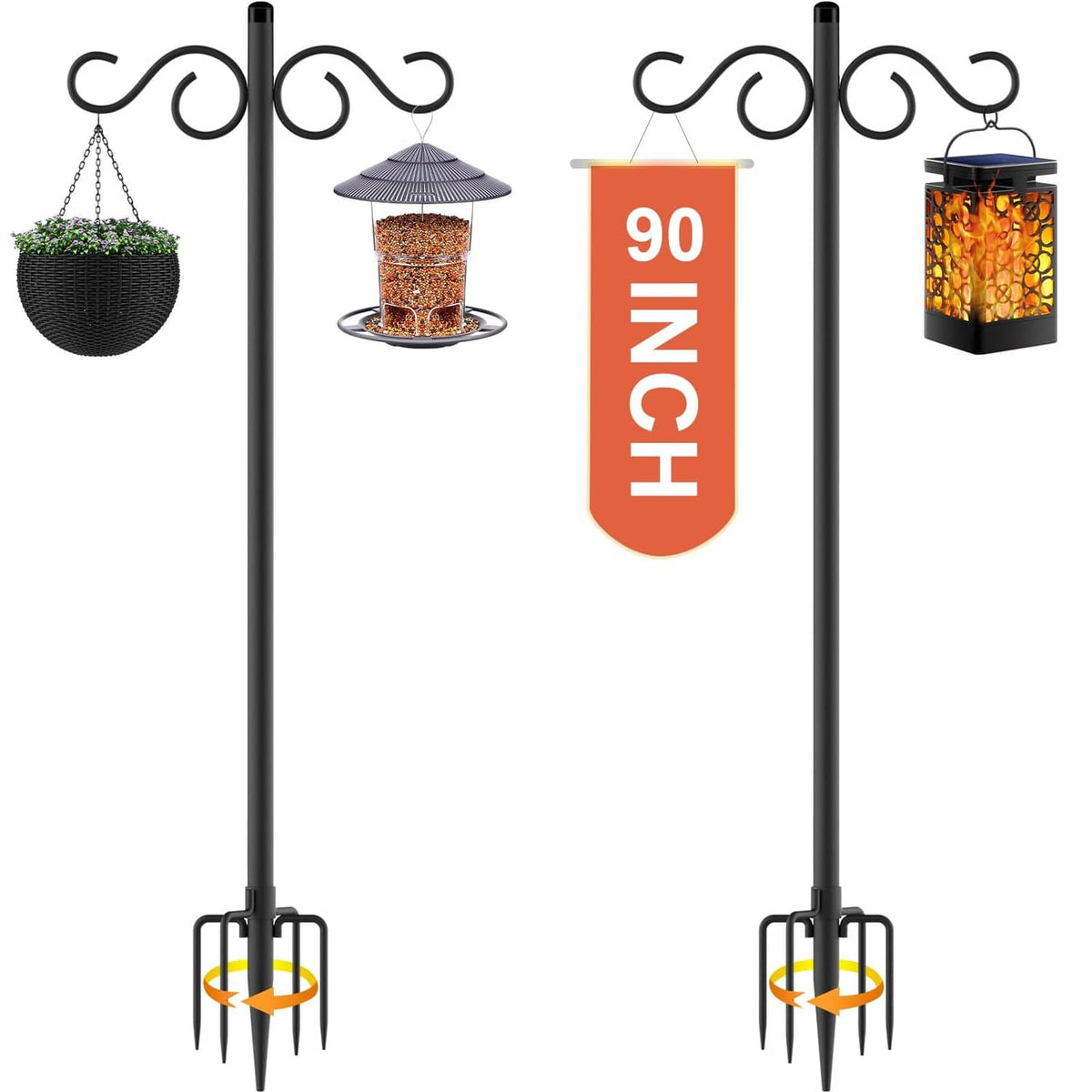 Black 90-inch double shepherd hook set with curled arms and pointed ground spikes