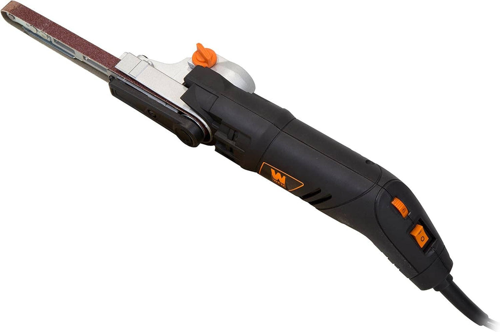 Variable speed file sander side view with sanding belt, black body and orange switch
