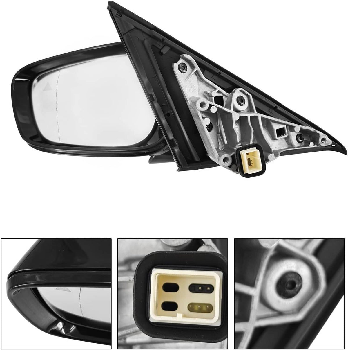 Left driver-side mirror assembly in black with exposed internal connectors for blind-spot.