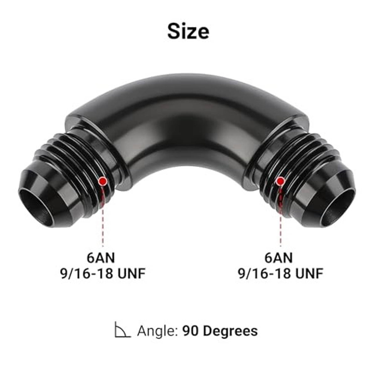 Black 90-degree AN coupler with two male threaded ends for 6AN connections