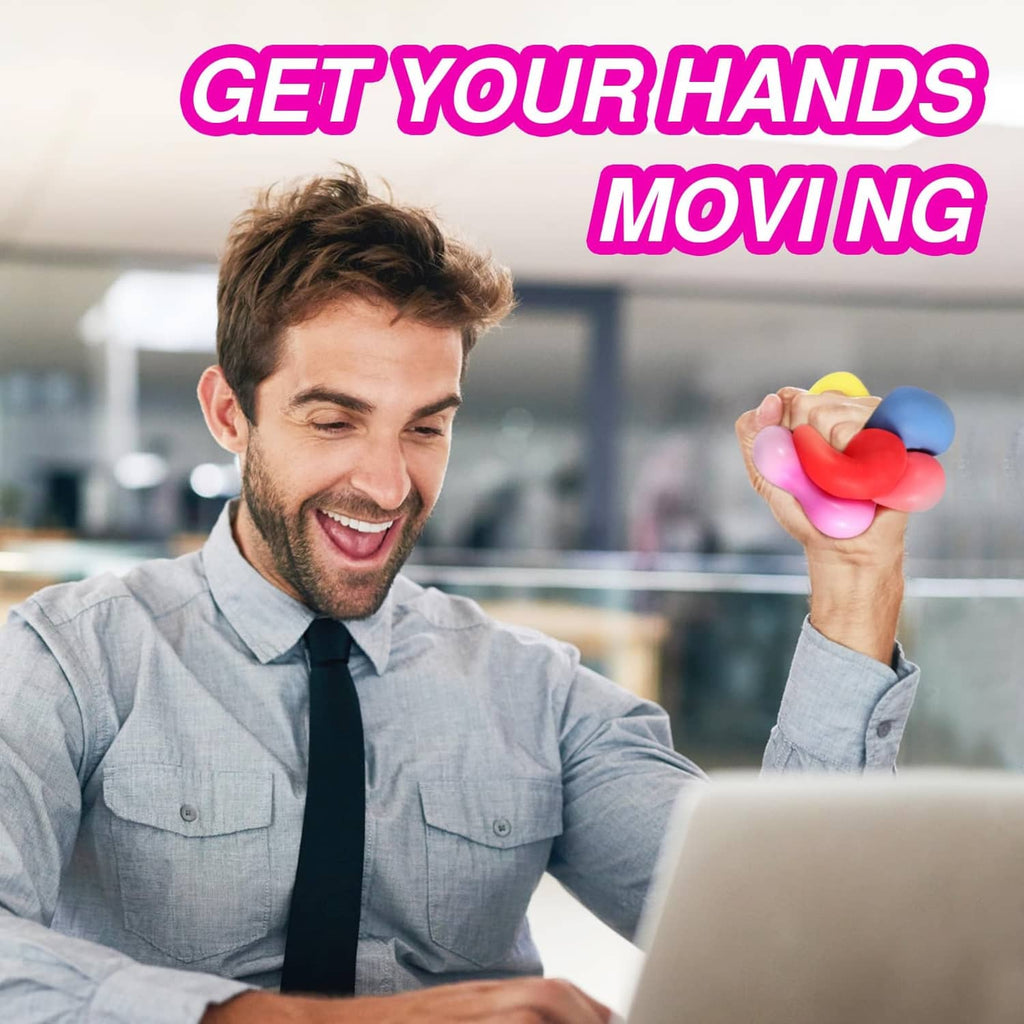 Man holding a colorful square stress cube fidget in his hand