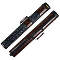 Brown hard pool cue case with two zip compartments and side storage pockets