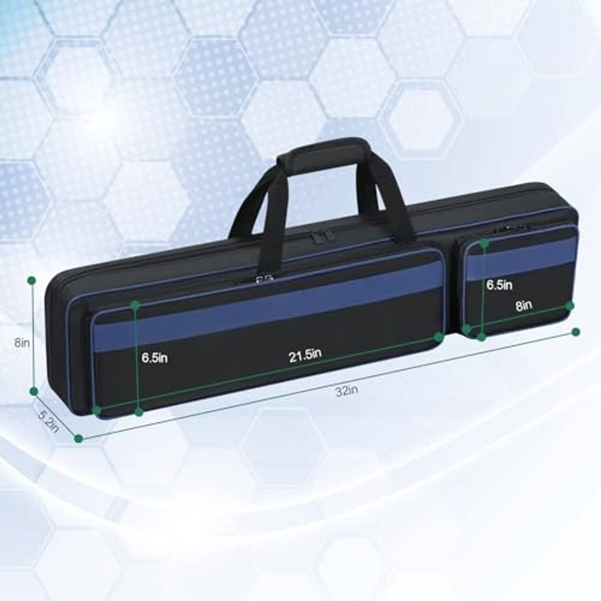 Navy-blue pool cue case with carry handle and shoulder strap, long rectangular shape