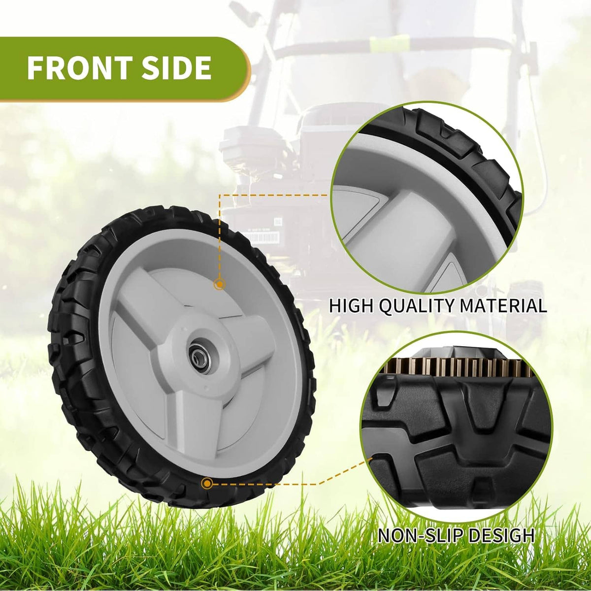 Front-side view of 11-inch lawnmower wheel with gray spokes and black tread