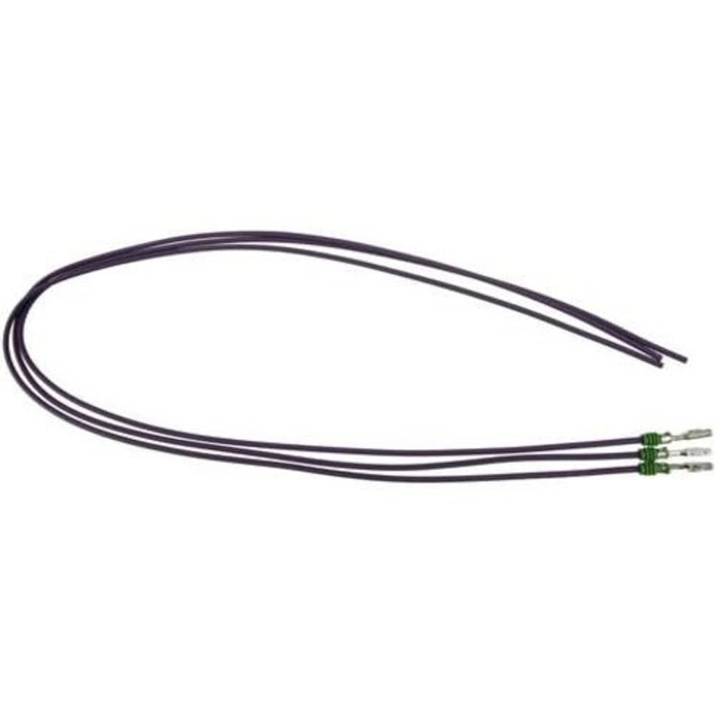 Purple wire pigtail with two green crimp terminals and insulated conductors