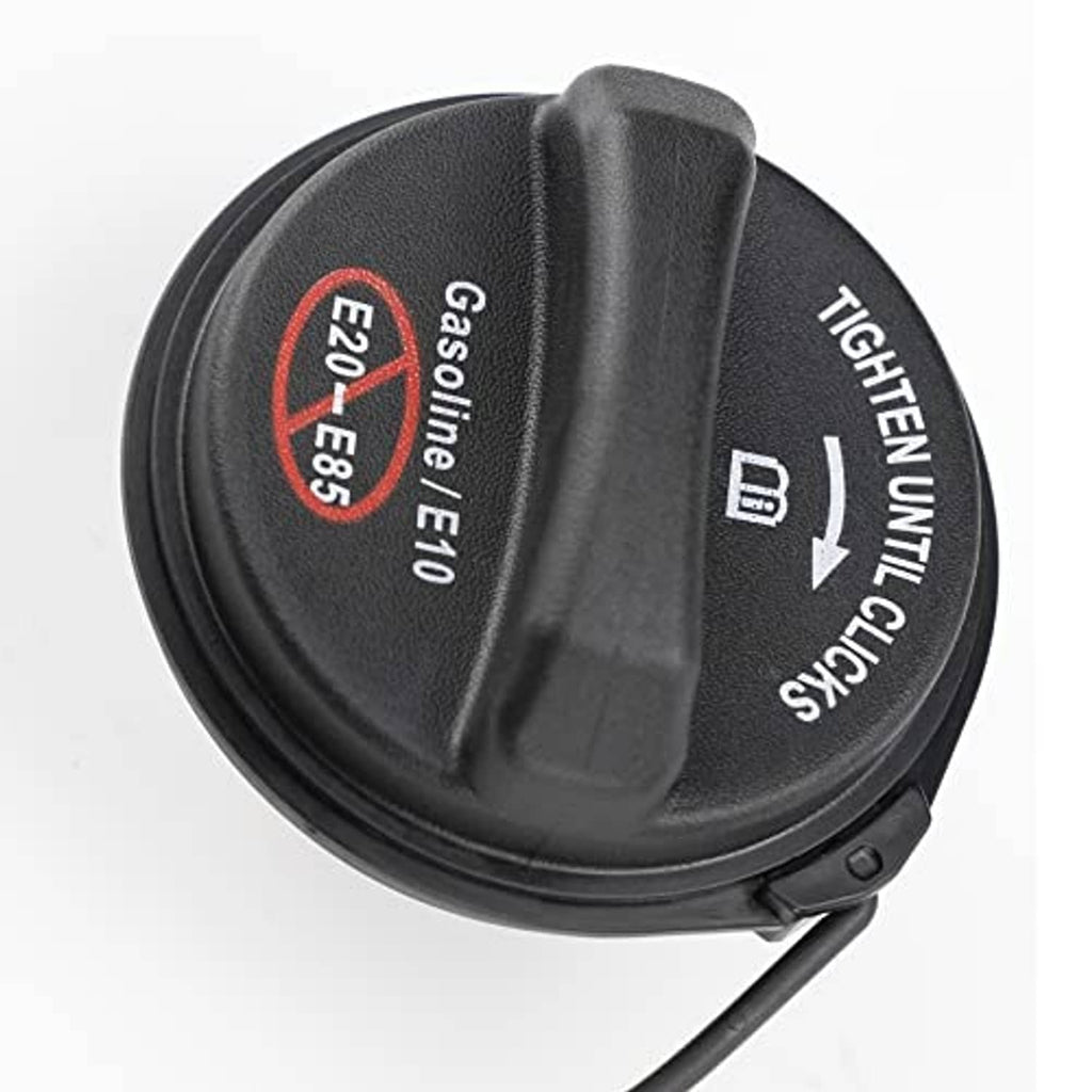 Side view of black fuel gas cap with “Gasoline/E10” and “TIGHTEN UNTIL CLICKS”