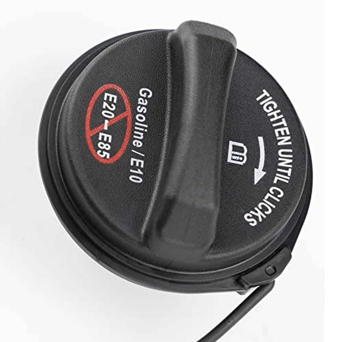 Side view of black fuel gas cap with “Gasoline/E10” and “TIGHTEN UNTIL CLICKS”