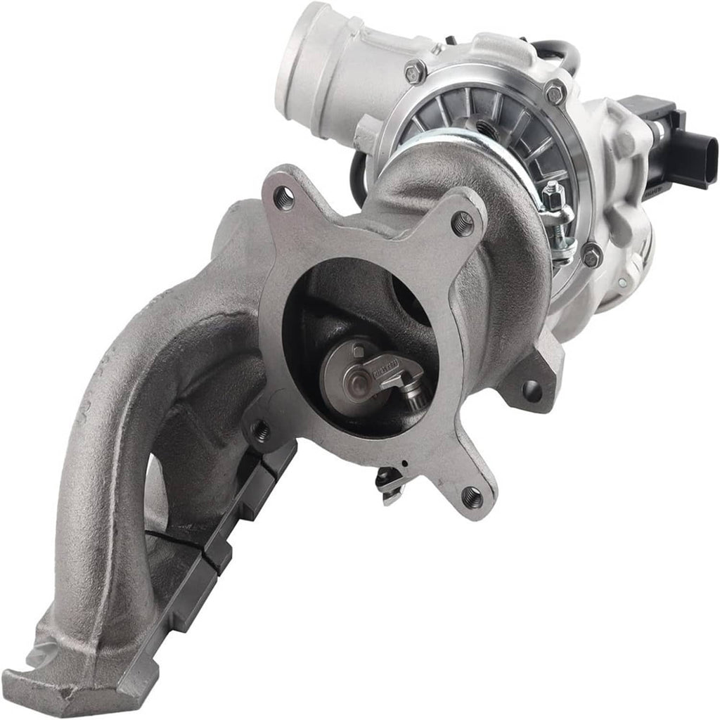 Turbocharger with curved cast exhaust manifold and black mounting cap