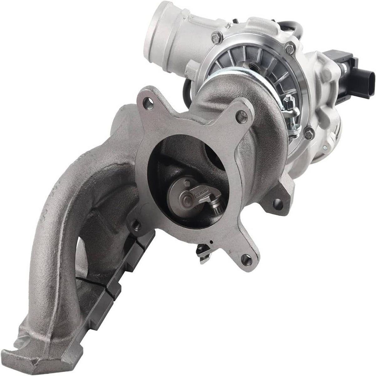 Turbocharger with curved cast exhaust manifold and black mounting cap