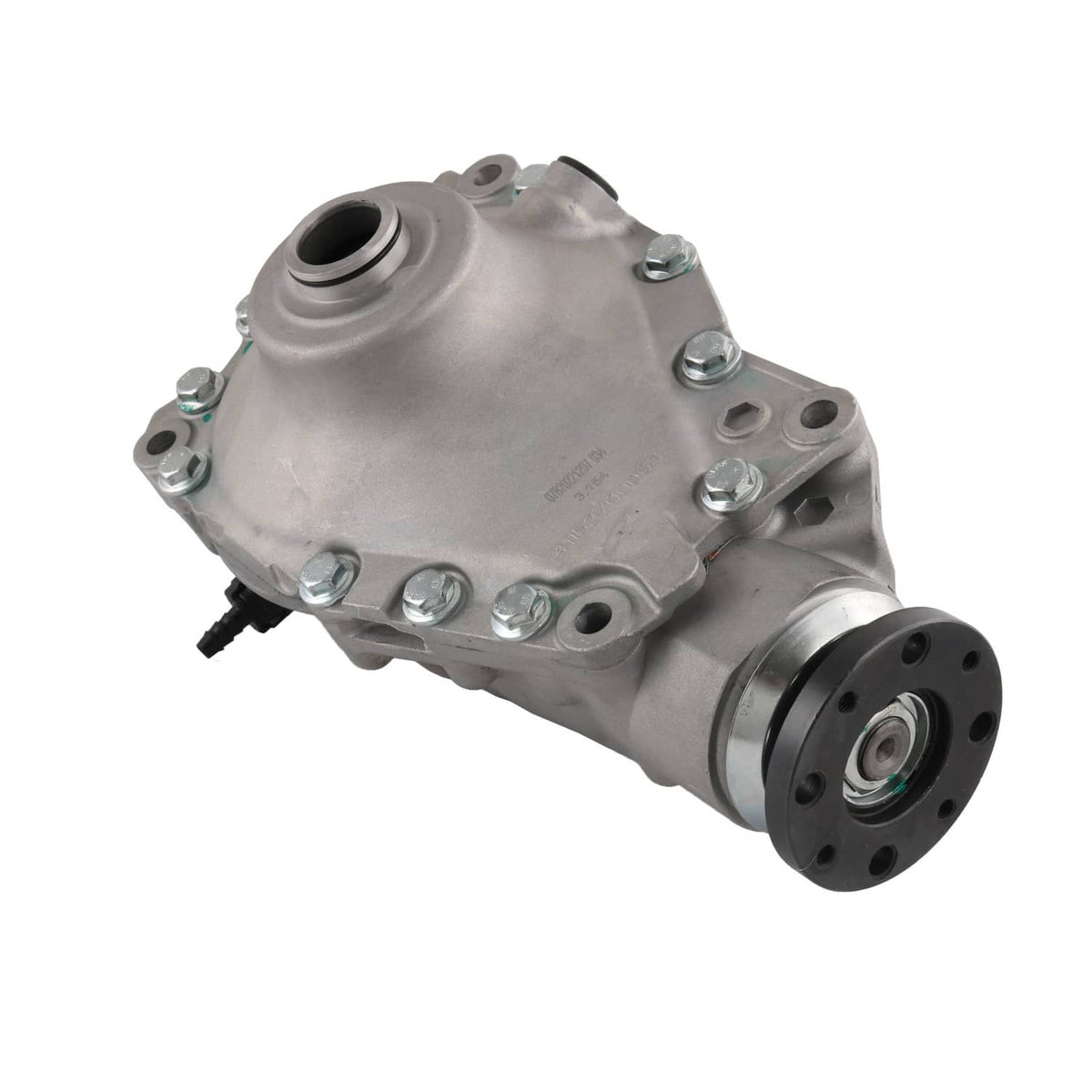 Front differential carrier assembly with mounting bolts and output flange, silver metal housing