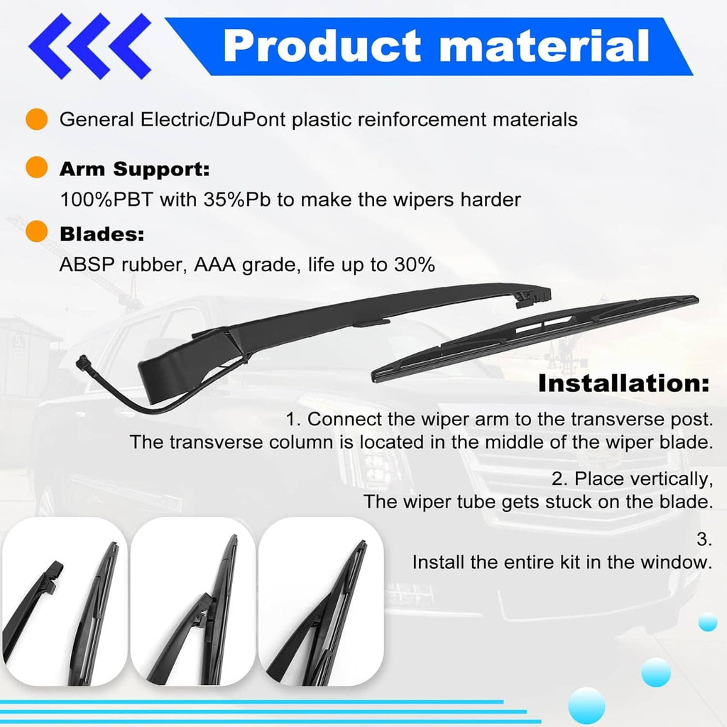 Rear window wiper arm blade set with black blades and support arm, material shown