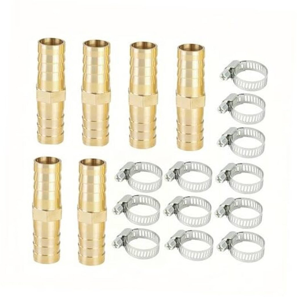 Brass hose barb fitting set with worm-gear hose clamps and multiple barbed ends