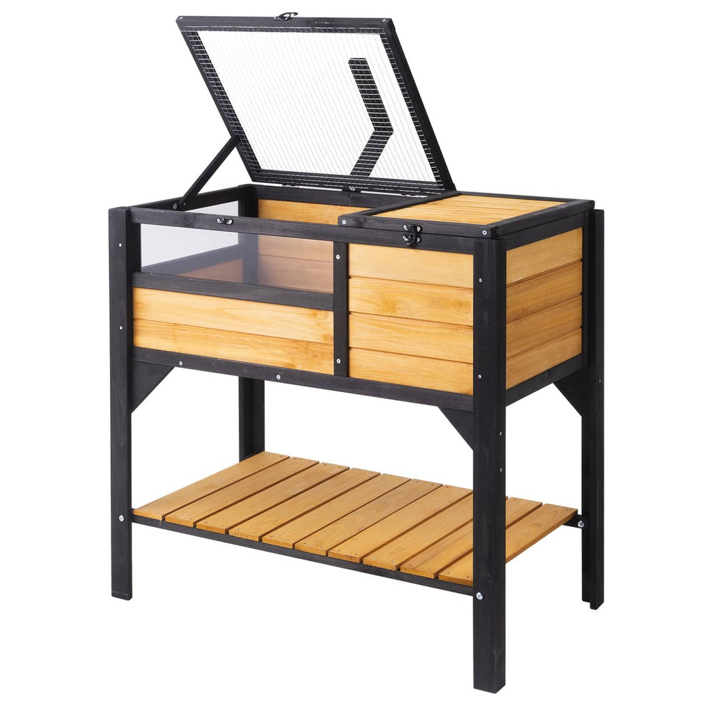 Wooden reptile habitat with hinged mesh top cover and two-tier black-and-wood frame