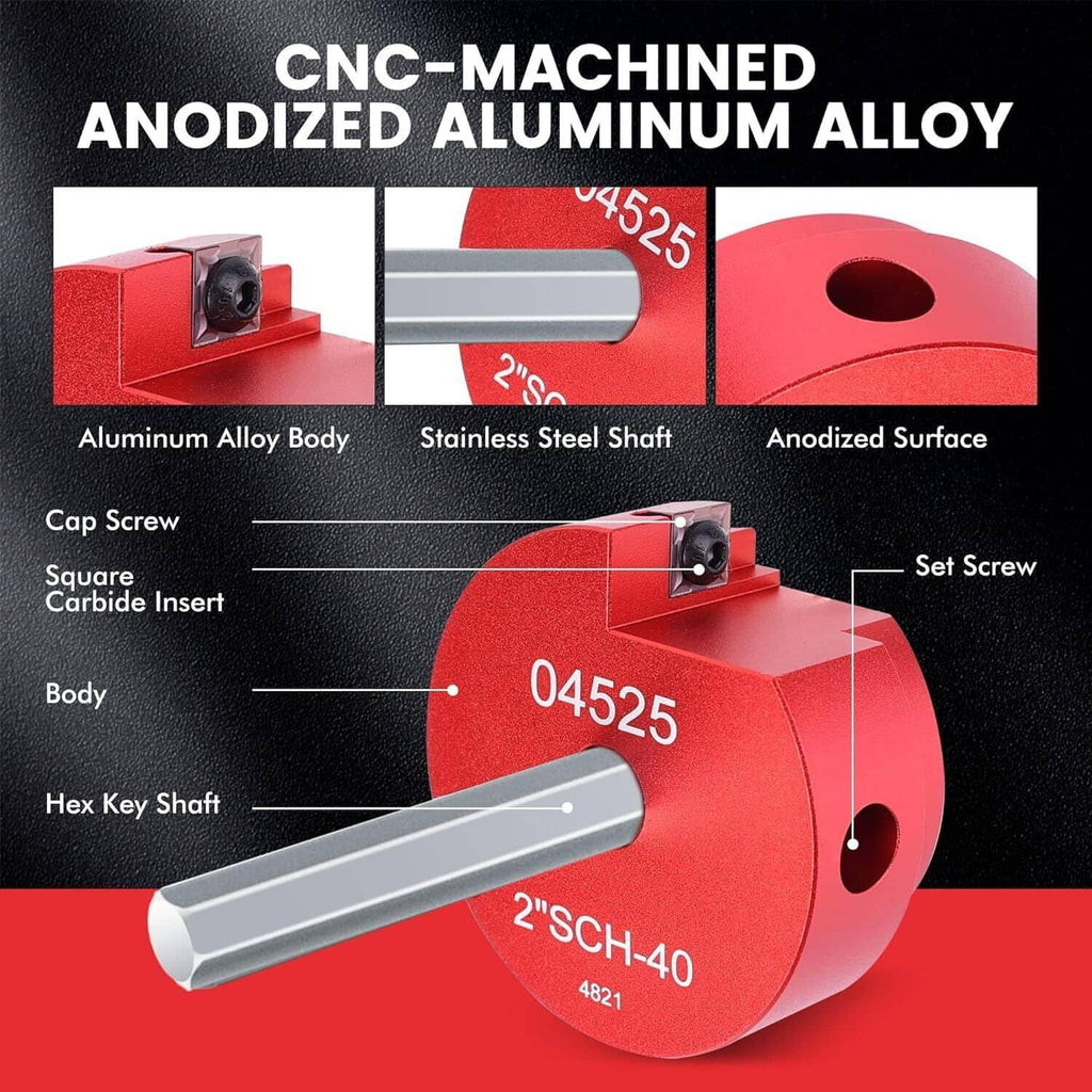 Anodized aluminum pipe reamer with red body, stainless shaft, and square carbide insert