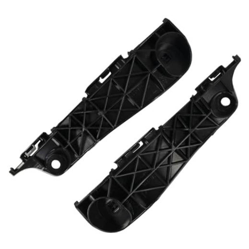 Pair of black plastic front bumper bracket supports, left and right, with mounting holes