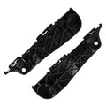 Pair of black plastic front bumper bracket supports, left and right, with mounting holes