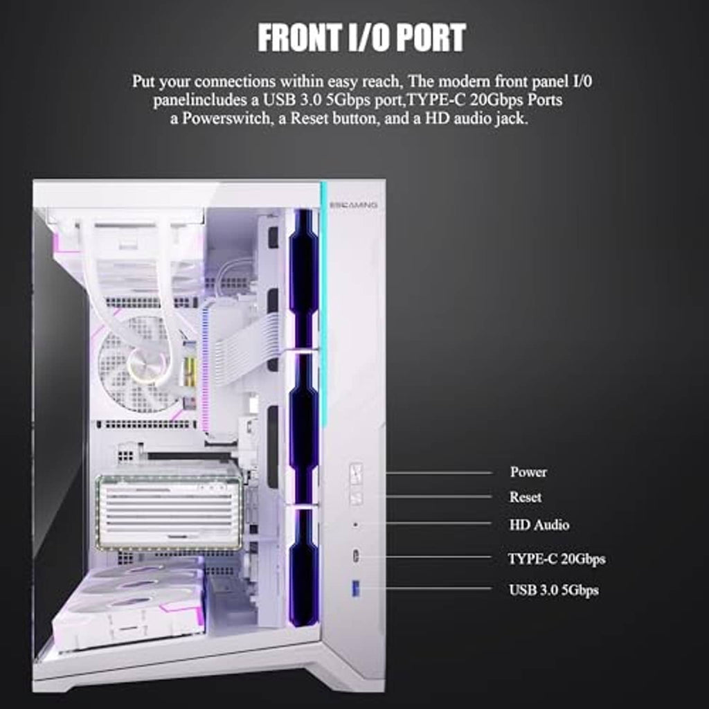 White mid-tower PC case front panel I/O area with ports and button cutout