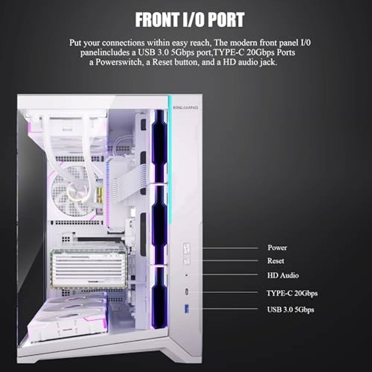 White mid-tower PC case front panel I/O area with ports and button cutout