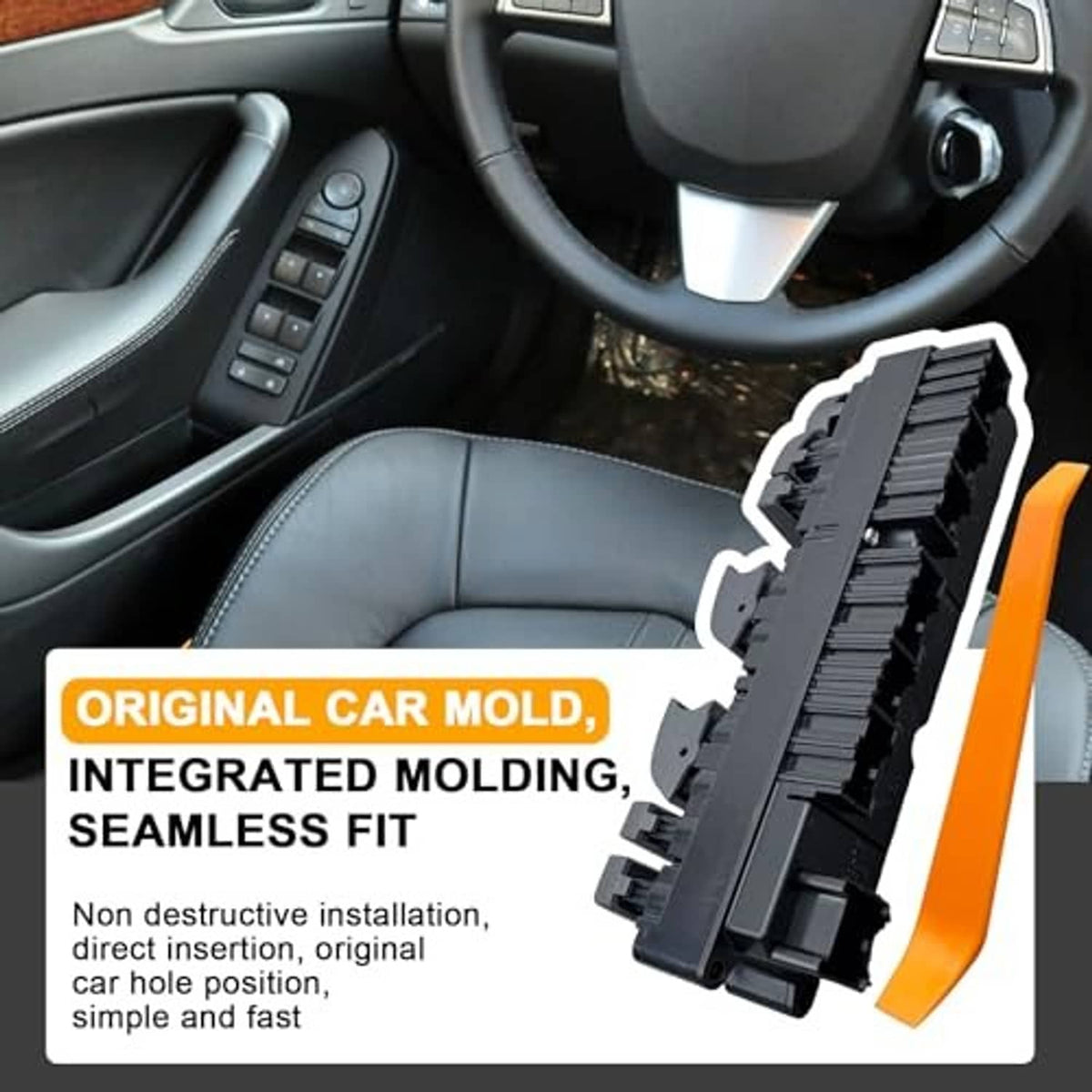 Power window switch insert with black housing and orange ribbon connector strip