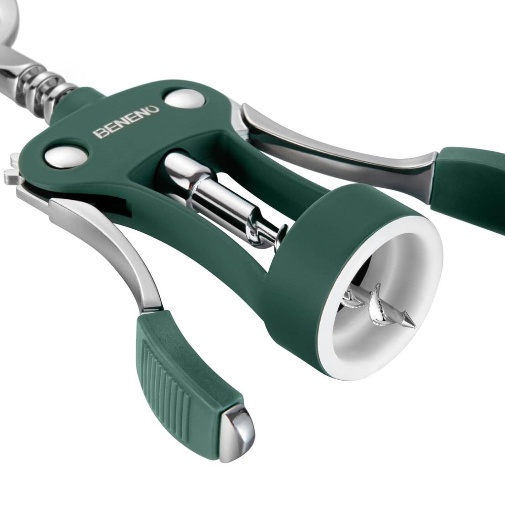 Dark green wing corkscrew with chrome opener head and ergonomic non-slip handles