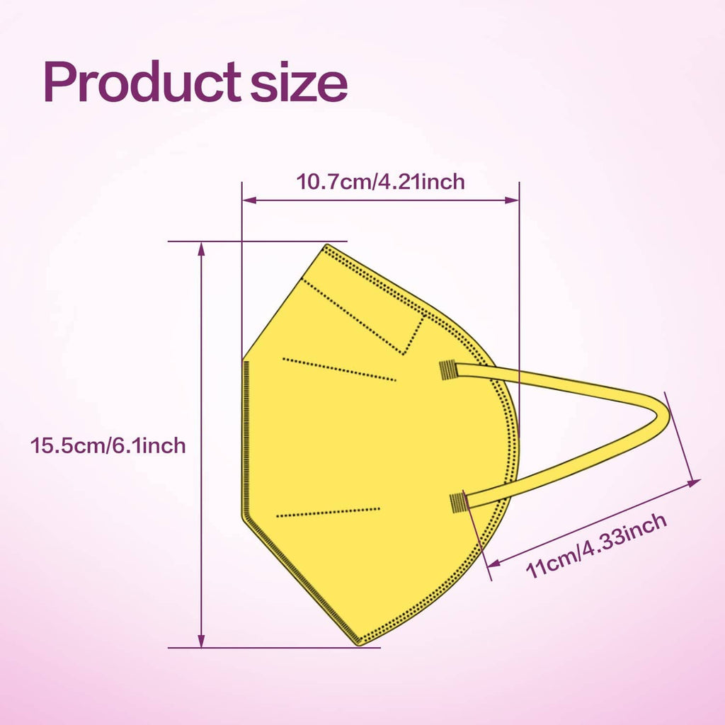 Yellow KN95-style face mask side view with size dimensions