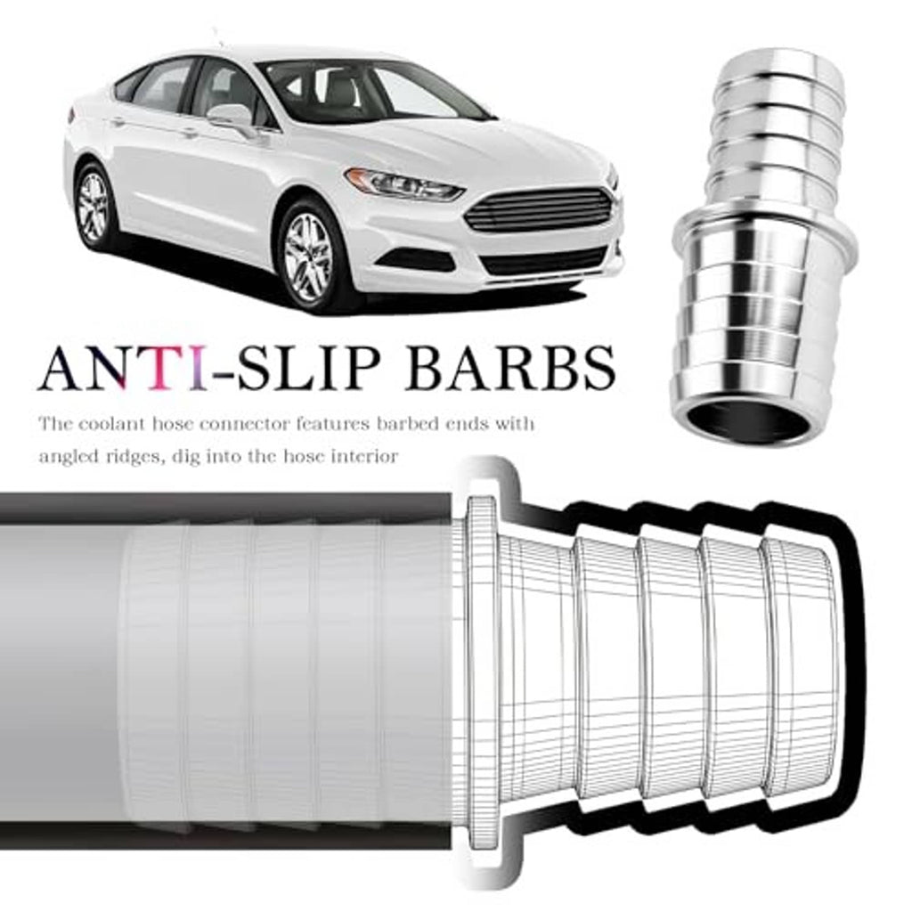 Aluminum coolant hose adapter with barbed ends and grooved coupling for secure fit