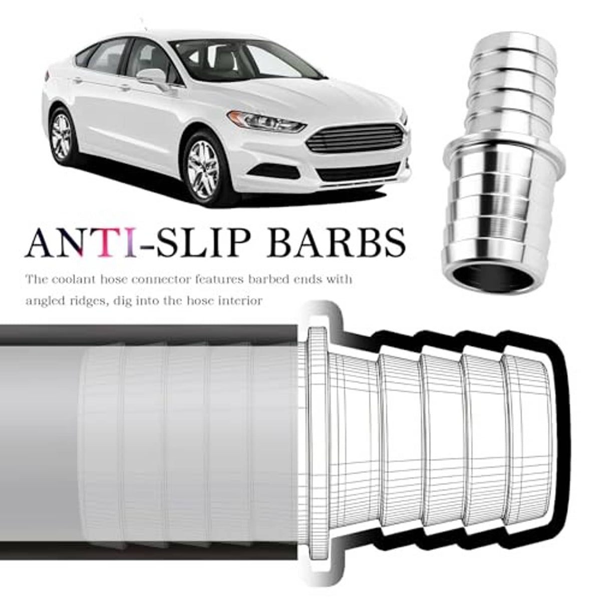 Aluminum coolant hose adapter with barbed ends and grooved coupling for secure fit