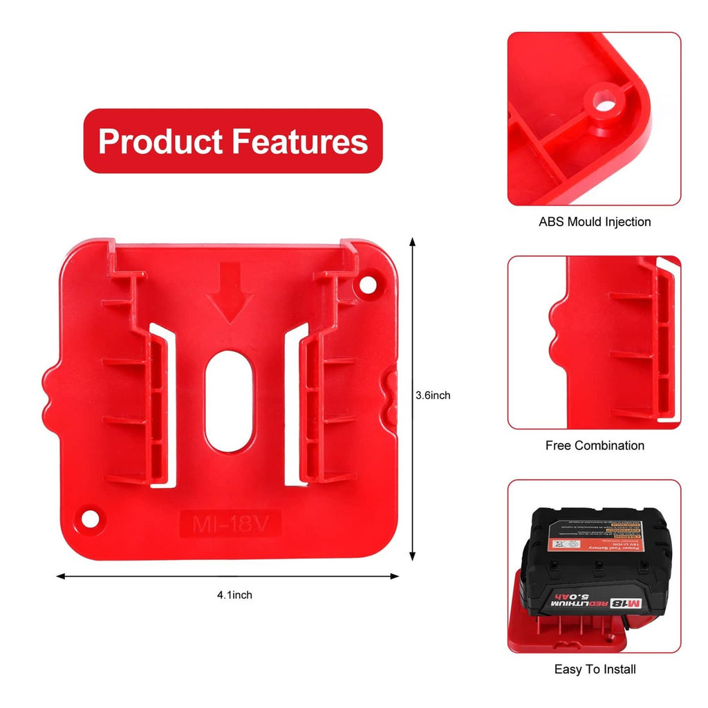 Red battery holder base with mounting holes, product features, and size diagram