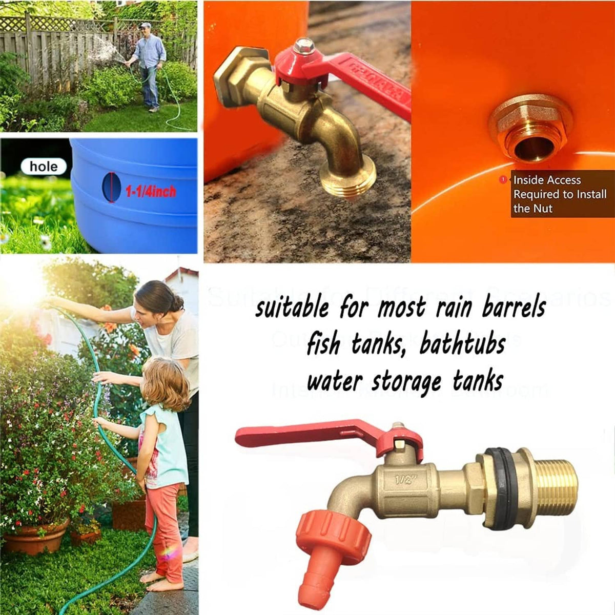 Brass spigot with red lever and threaded outlet, shown with adapter pieces