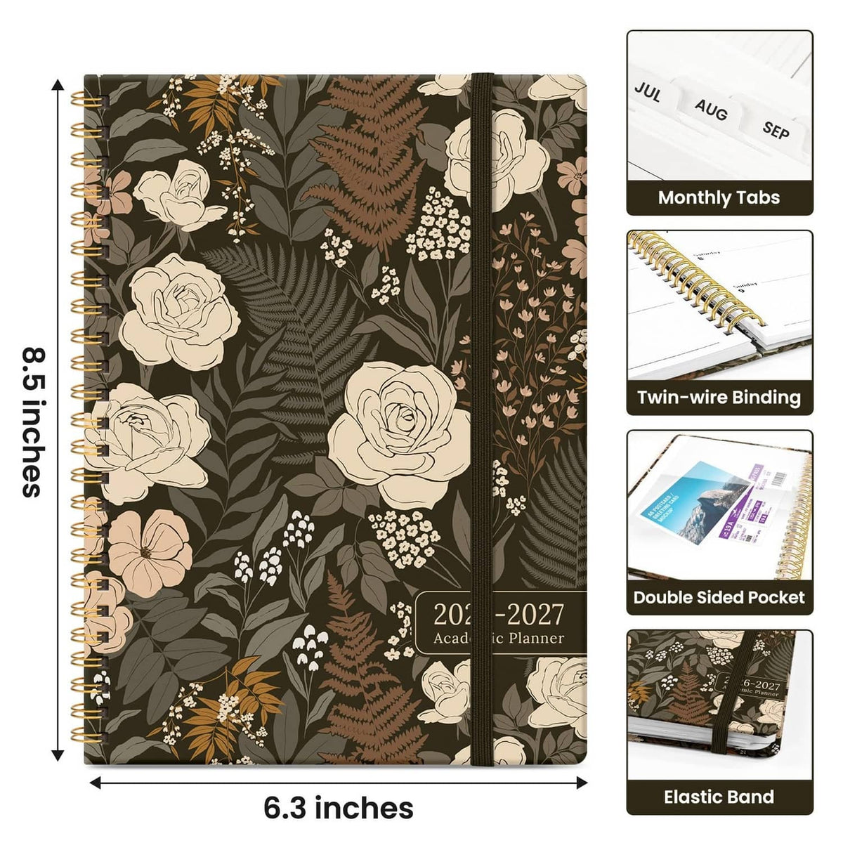 Floral academic planner with rose and fern cover; shows 6.3 in x 8.5 in size