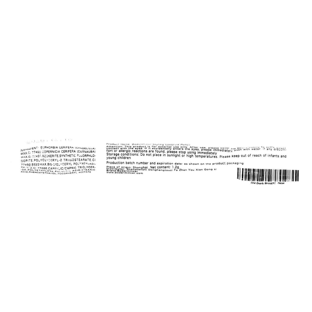 Back of dark brown eyebrow pencil with barcode and product label